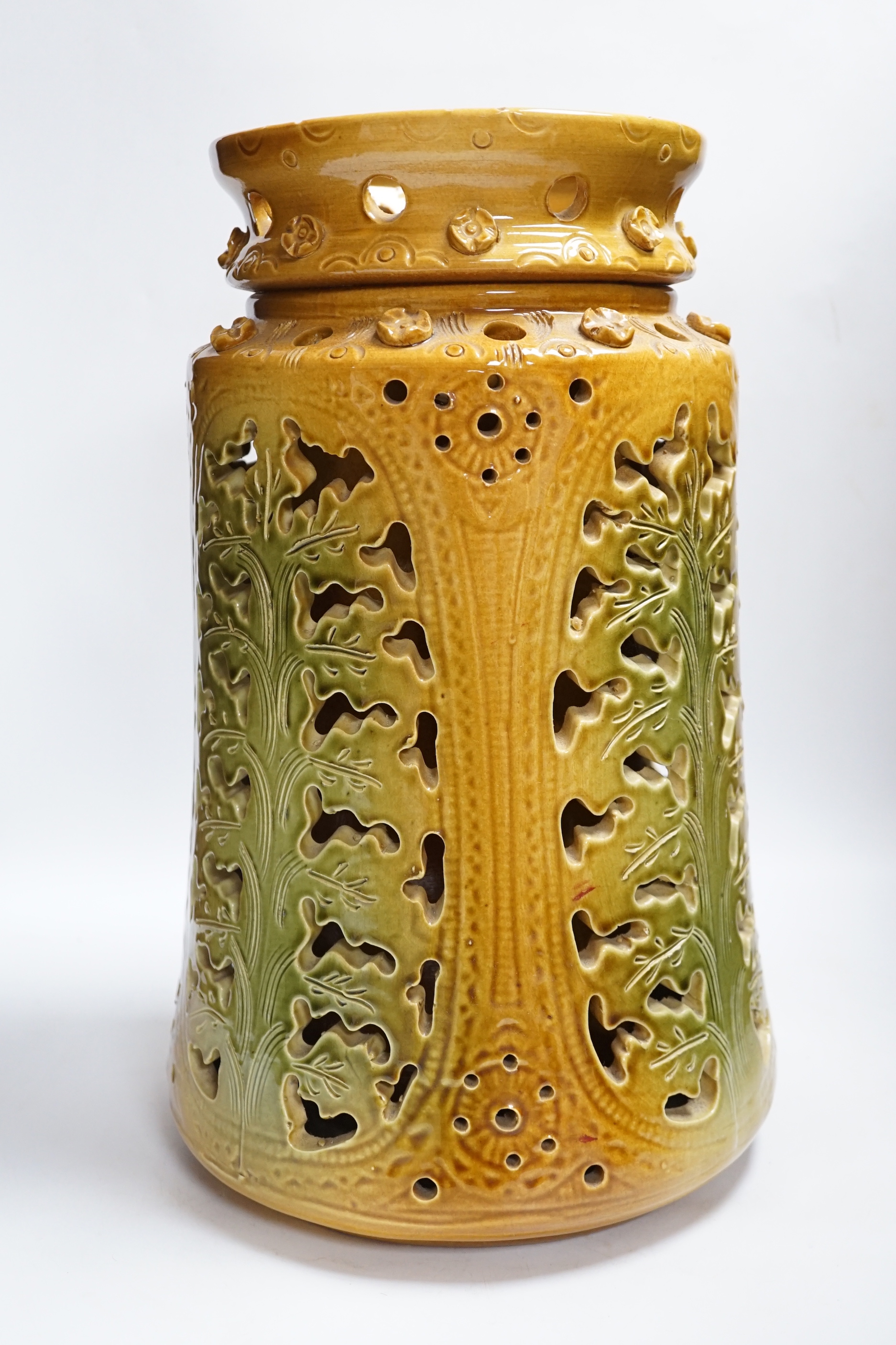A large German reticulated double walled pottery vase, 45cm